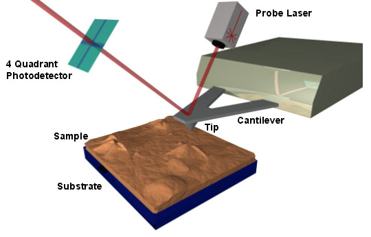 AFM - a super sharp tip moves across a sample; as the tip moves up and down over the surface, a laser detector records the height