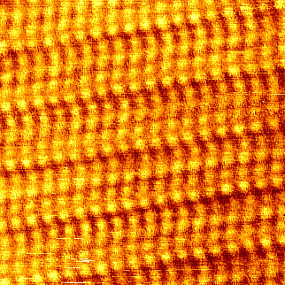 Top view of a monolayer - the bright spots on this STM image are the atoms on the ends of the oily chains